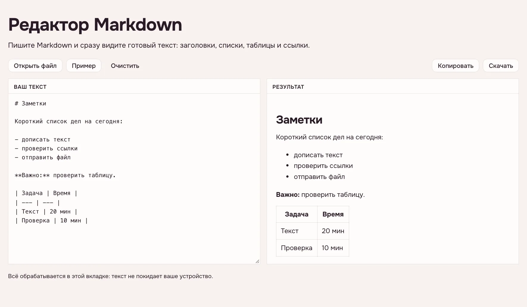 Редактор Markdown — пример с заголовком, списком и таблицей